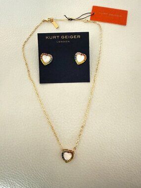 NWT KURT GEIGER LONDON OPAL HEART HALO PENDANT NECKLACE EARRINGS SET W DUST BAG